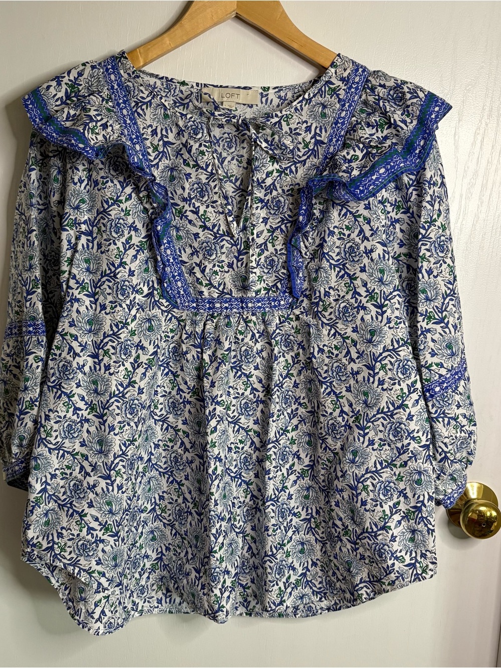 LOFT Ditsy Floral Ruffle-Trim Cotton Peasant Blouse Boho Cottagecore Prairie